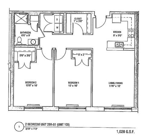 Floor plan for 2 beds, 1 bath, 1050 sqft